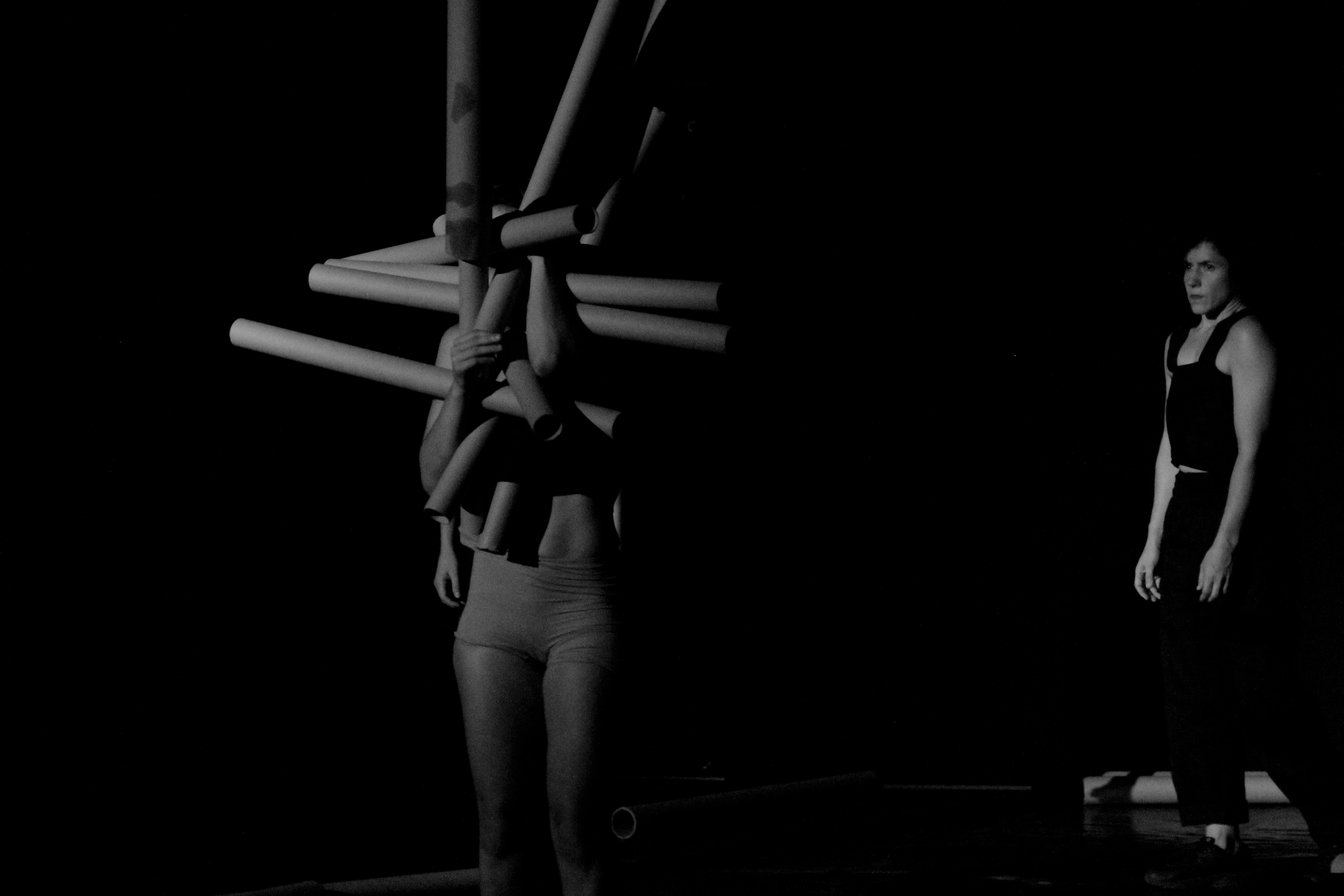 Ασπρόμαυρη φωτογραφία στο κέντρο της οποίας στέκεται όρθιο ένα γυναικείο σώμα με μπεζ εσώρουχο. Το πάνω μέρος του σώματός της είναι καλυμμένο από χάρτινους σωλήνες που τέμνονται κάθετα και οριζόντια δημιουργώντας στο σύνολο μια παράξενη μορφή. Πίσω δεξιά, μία κοπέλα ντυμένη στα μαύρα έχει στραμμένο το βλέμμα της προς τα εκεί.