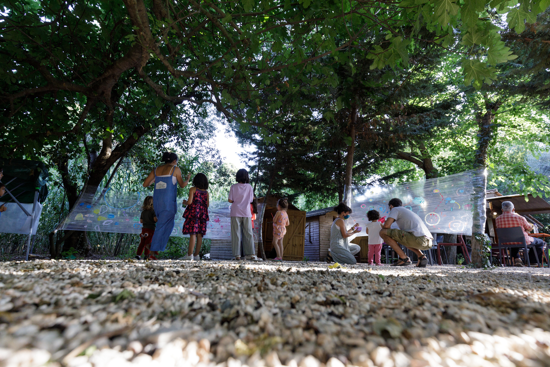 Από χαμηλά ορθώνονται μπροστά μας τα δέντρα του θεάτρου της Ρεματιάς. Στους κορμούς τους έχουν τυλιχτεί διάφανες μεμβράνες πάνω στις οποίες παιδιά ζωγραφίζουν. Δίπλα τους στέκονται ενήλικοι που τα κοιτάζουν ή τους μιλούν.