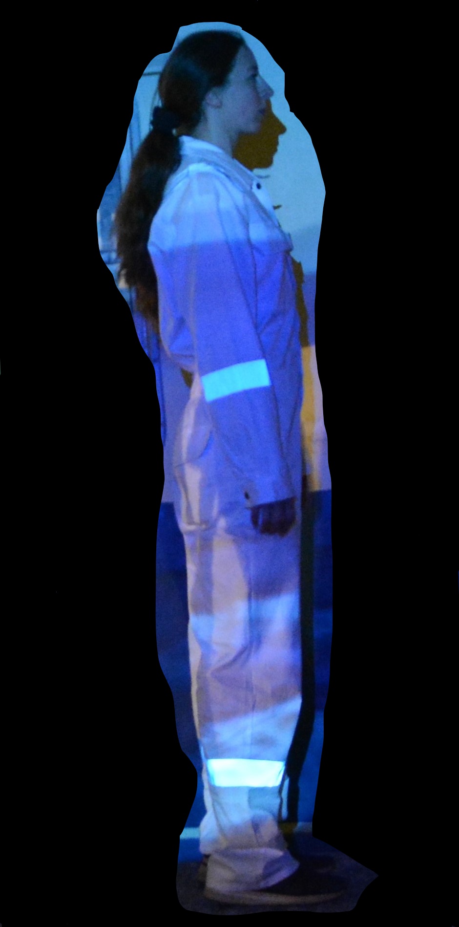 Μία νεαρή κοπέλα με μακριά καστανά μαλλιά σε κοτσίδα στέκει όρθια σε προφίλ. Φορά μια ολόσωμη λευκή φόρμα πάνω στην οποία προβάλλονται εικόνες από προτζέκτορα. Το περίγραμμά της είναι κομμένο σα με ψαλίδι και όλη η υπόλοιπη εικόνα είναι μάυρη.